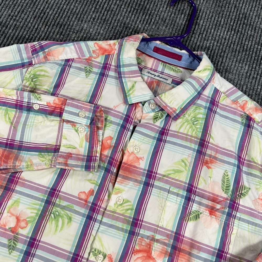 Tommy Bahama Shirt Mens 2XL XXL White Floral Long Sleeve Button Up Casual Silk